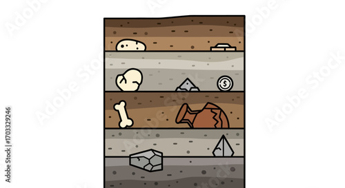Diagram of archaeological strata showing various artifacts buried in layers of earth.