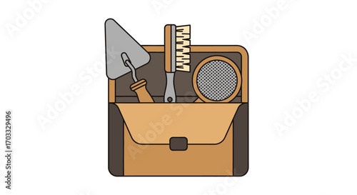 Illustration of a tan and brown tool bag containing a trowel, brush, and circular sieve.