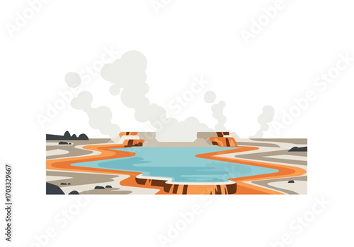 Turquoise hot spring with rising steam, captured in yellowstone. Ideal for travel brochures, nature websites, geothermal energy articles.