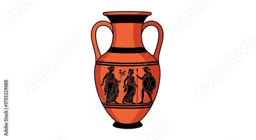 Illustration of an orange ancient Greek amphora vase with black painted figures depicting people in classical robes.