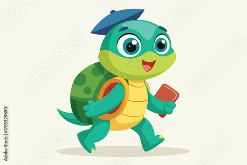 Cheerful cartoon turtle wearing a hat and carrying a book is walking playfully