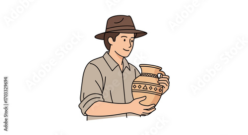 Man in explorer hat holding a decorative clay jug.