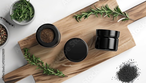 Fototapeta Naklejka Na Ścianę i Meble -  Black jars and spice containers arranged on a wooden cutting board with herbs, showcasing culinary elements