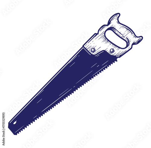 Hand saw illustration in indigo blue color representing tools for construction or carpentry projects.