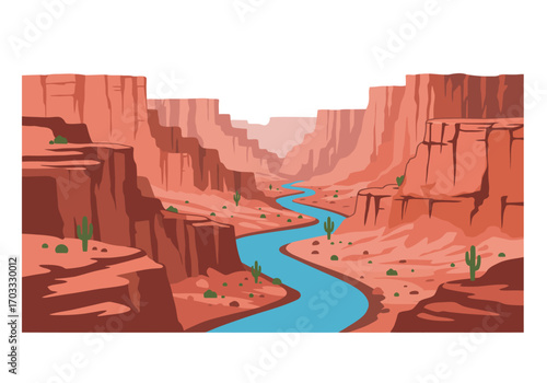 Scenic grand canyon landscape with blue river. Perfect for travel brochures, websites, and naturethemed designs.
