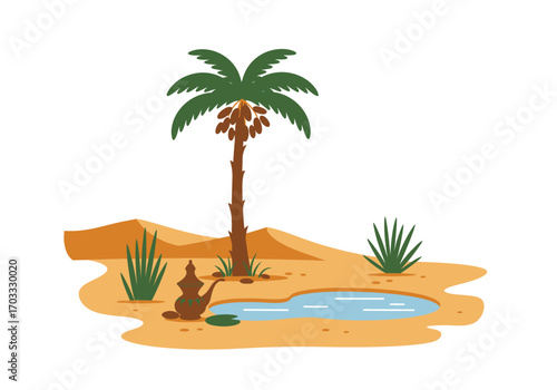 Desert oasis image captures a serene oasis with lush water plants and a palm tree. Suitable for travel magazines, postcards, and naturethemed designs.