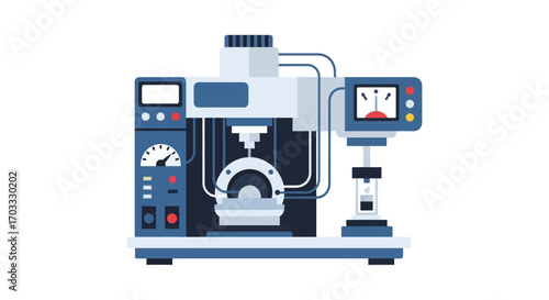 Illustration of a complex industrial machine with gauges and screens, showcasing its intricate design.