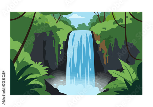 Lush green jungle foliage and cascading waterfall under blue sky. Ideal for nature, travel, adventure, and tropical themes in design projects.