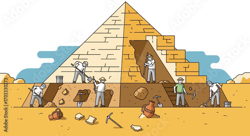 Illustration depicting an archaeological dig site at a pyramid, showing researchers excavating and uncovering artifacts, with a cross-section view of the pyramid's interior.