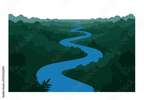 Blue river winding through dense green forest suitable for naturethemed designs, travel brochures, environmental campaigns, and website headers.