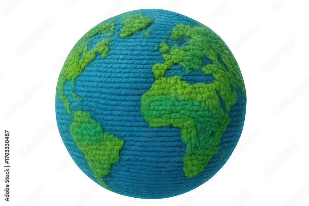Naklejka premium Green continents and blue oceans are knitted together on a transparent background, forming a unique earth globe