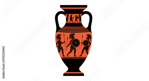 Ancient Greek amphora depicting warriors and figures in black-figure style.