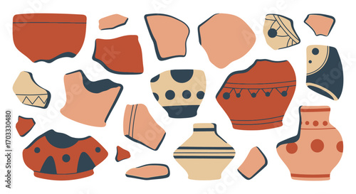 An assortment of broken pottery shards and fragments with various patterns and colors, scattered on a white background.