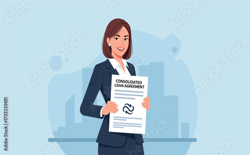 Professional Woman Holding Loan Agreement in Modern Business Setting