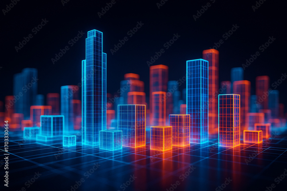 Obraz premium AI generated digital art of a glowing holographic city with neon blue and orange skyscrapers symbolizing futuristic architecture smart city design technology and innovation in urban life