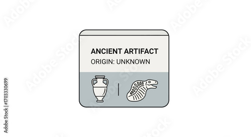 Mysterious ancient artifact display; unknown origin, featuring a vase and skeletal remains.
