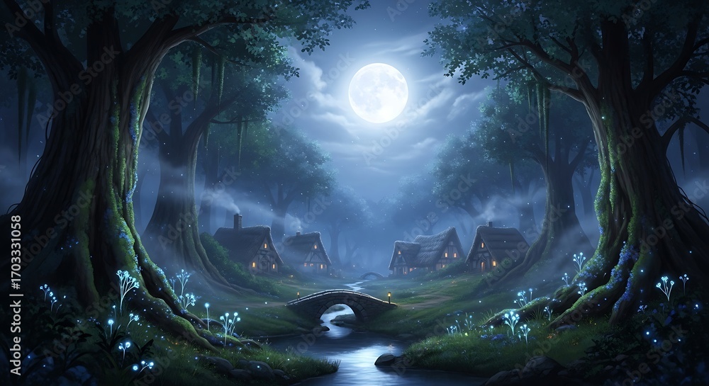 Fototapeta premium Enchanted Moonlight Village in Mystical Forest.