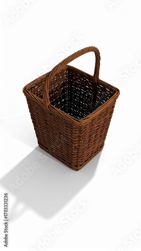 Elevated View of Square Brown Wicker Basket on White Background with Shadow