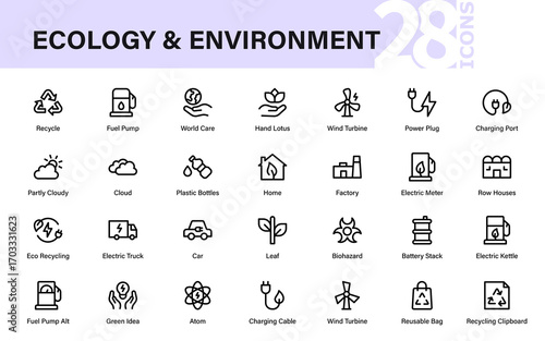 Ecology and environment modern line icon set with professional minimal outline vector design for renewable, conservation, and environmental themes