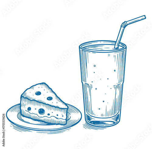 Hand-drawn illustration of a slice of cake and a refreshing beverage in a glass
