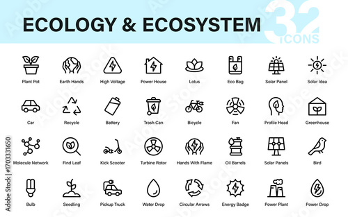 Modern ecology and ecosystem line icon collection with professional outline vector pack for biodiversity, sustainability, and environmental balance
