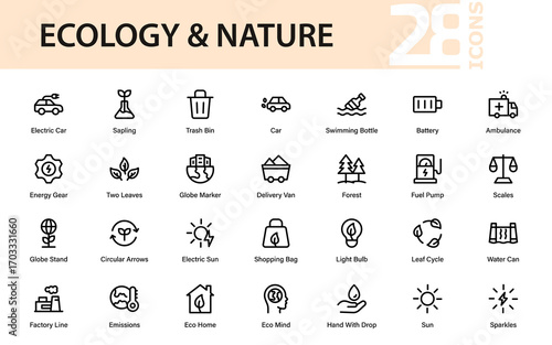 Professional ecology and nature line icon collection with modern, minimal, and clean vector graphics for nature, wildlife, and global sustainability