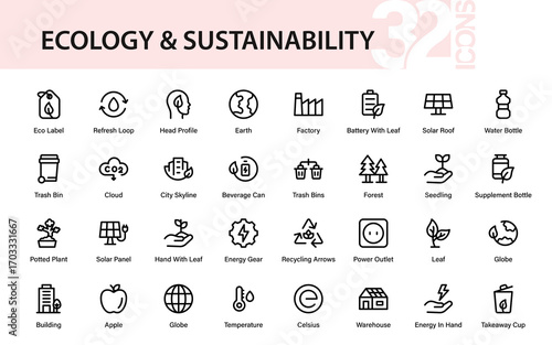 Professional ecology and sustainability line icon pack featuring modern, clean, and minimal outline vector graphics for global sustainability and nature care