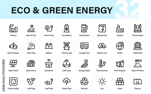Eco and Green Energy Professional Line Icon Collection. Modern and Creative Vector Set for Sustainable Power and Green Technology