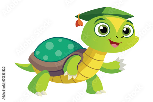 Animated green turtle with spotted shell and graduation cap smiles widely