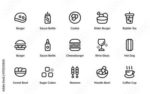 Delicious Food Professional Line Icon Set – Unique modern outline vector pack of burgers, fries, pizza, hotdog, drinks, and sweet snacks