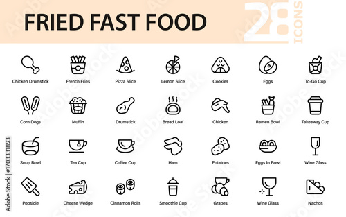 Fried Fast Food Professional Line Icon Collection. Modern creative outline vector pack of burgers, pizza, fries, hotdog, snacks, and tasty meals