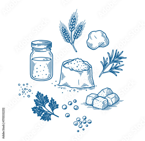 Hand-drawn illustration of culinary ingredients with wheat flour and herbs arranged artfully