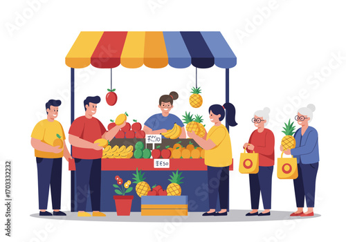 Customers select fresh, colorful fruits from a market stall with a striped awning. Ideal for food and lifestyle concepts.