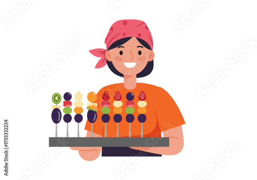 Smiling vendor with colorful fruit skewers is perfect for food and beverage promotions, website banners, social media posts, and menu designs.