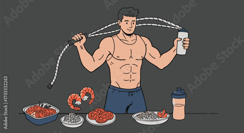 Fitness Enthusiast with Healthy Shrimp Meal After Workout