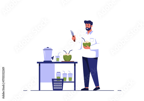 Man slicing coconuts at a stand suitable for food, beverage, tropical concepts, and small business graphics.   