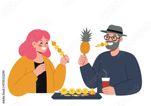 Two people enjoying tropical fruit skewers  ideal for illustrating summer gatherings, healthy eating, social interactions, and happiness, perfect for web and print designs.