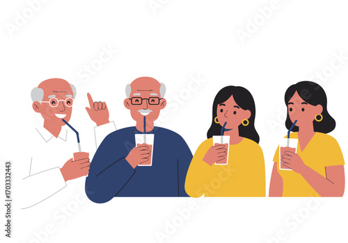 Four people drinking beverages with straws, smiling cheerfully together. Suitable for lifestyle, friendship, happiness, and leisure concepts.