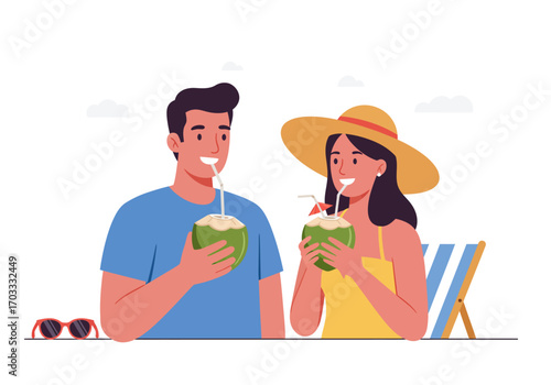 Couple sipping from coconuts with straws in a tropical paradise. Perfect for travel blogs, health magazines, or summer advertisements.