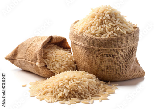 Brown rice with rice bag isolated on a white or transparent background