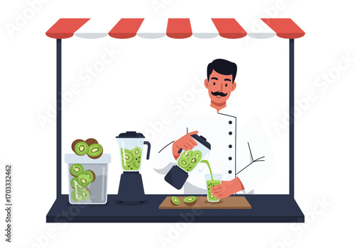 Chef at juice stand creates green smoothie. Perfect for promoting healthy food, cooking classes, smoothie recipes, lifestyle blogs, and nutrition.