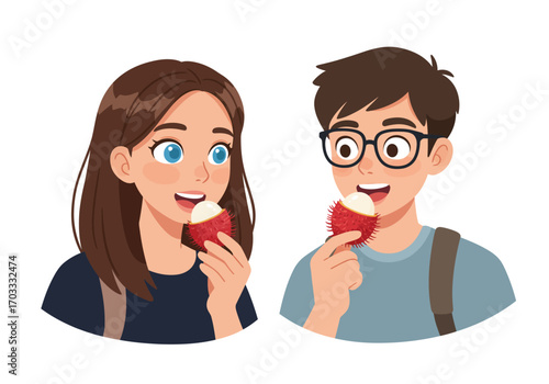 Girl and boy happily share a lychee fruit in a fun and tasty moment. Perfect for food blogs, summer themes, healthy lifestyle content.