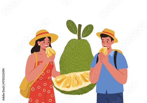 Two tourists with hats enjoy jackfruit. Man, woman, and giant jackfruit create pleasant scene. Suitable for travel and food content.