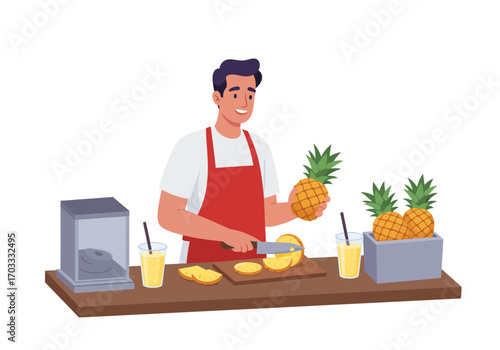 Man in a red apron slices pineapples at a stand, suitable for food and beverage content, juice bar promotions, tropical concepts.