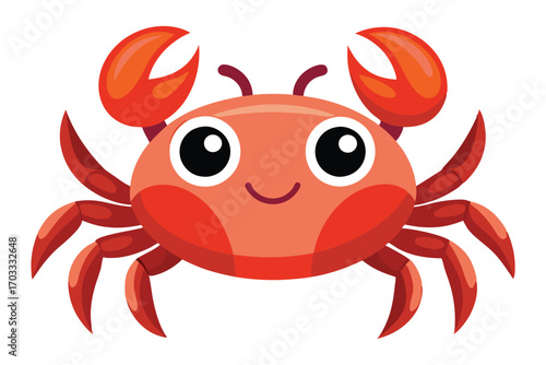 Cheerful cartoon crab with large eyes and claws shows a playful smile