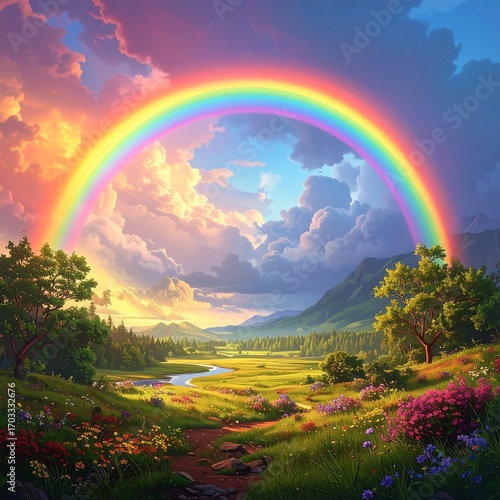 Colorful rainbow over a serene valley