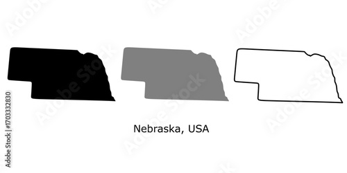 Nebraska map set. Nebraska USA map vector. Nebraska silhouette, gray, outline map on white background