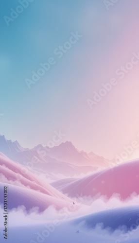 Serene pastel panorama: A tranquil and artistic vista of rolling hills and distant mountains bathed in a gentle palette of pastel colors, offering a sense of peace and serenity.
