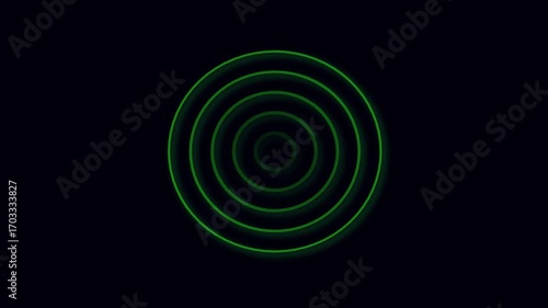Animated green rings expanding motion graphics hud interface technology seamless loop dark background. Abstract green rings expanding animation loop seamless motion graphics.