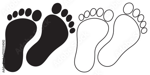 Three stylized footprints of varying sizes symbolizing growth progress or different ages possibly representing childhood adolescence and adulthood. Simple black footprint pair icon graphic
